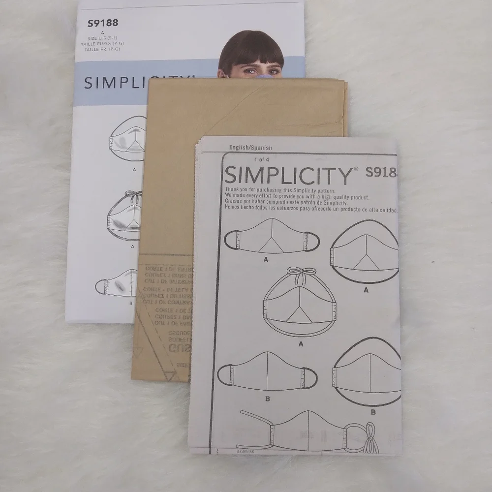 Simplicity 9188 Facial Cover Mask in 2 styles w/ ear loops or behind the head